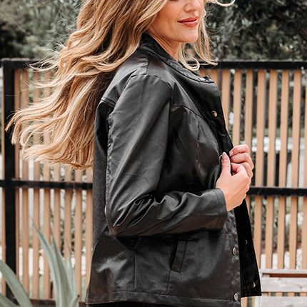 Black Faux Leather Buttoned Front Boxy Jacket