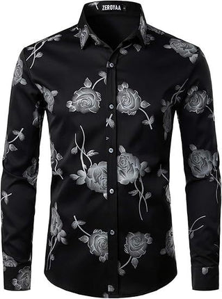 3D Golden Rose Print Slim Fit Long Sleeve Formal Wear Shirt