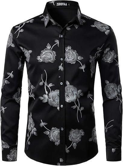 3D Golden Rose Print Slim Fit Long Sleeve Formal Wear Shirt