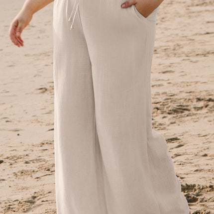 Beige Smocked High Waist Wide Leg Plus Size Pants