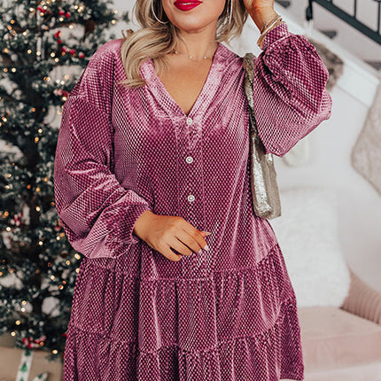 Meadow Mauve Plus Size Textured Velvet Tiered Buttons Tiered Dress