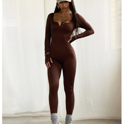 Women's Sports Fitness Square Collar Button Long Sleeve Yoga Jumpsuit
