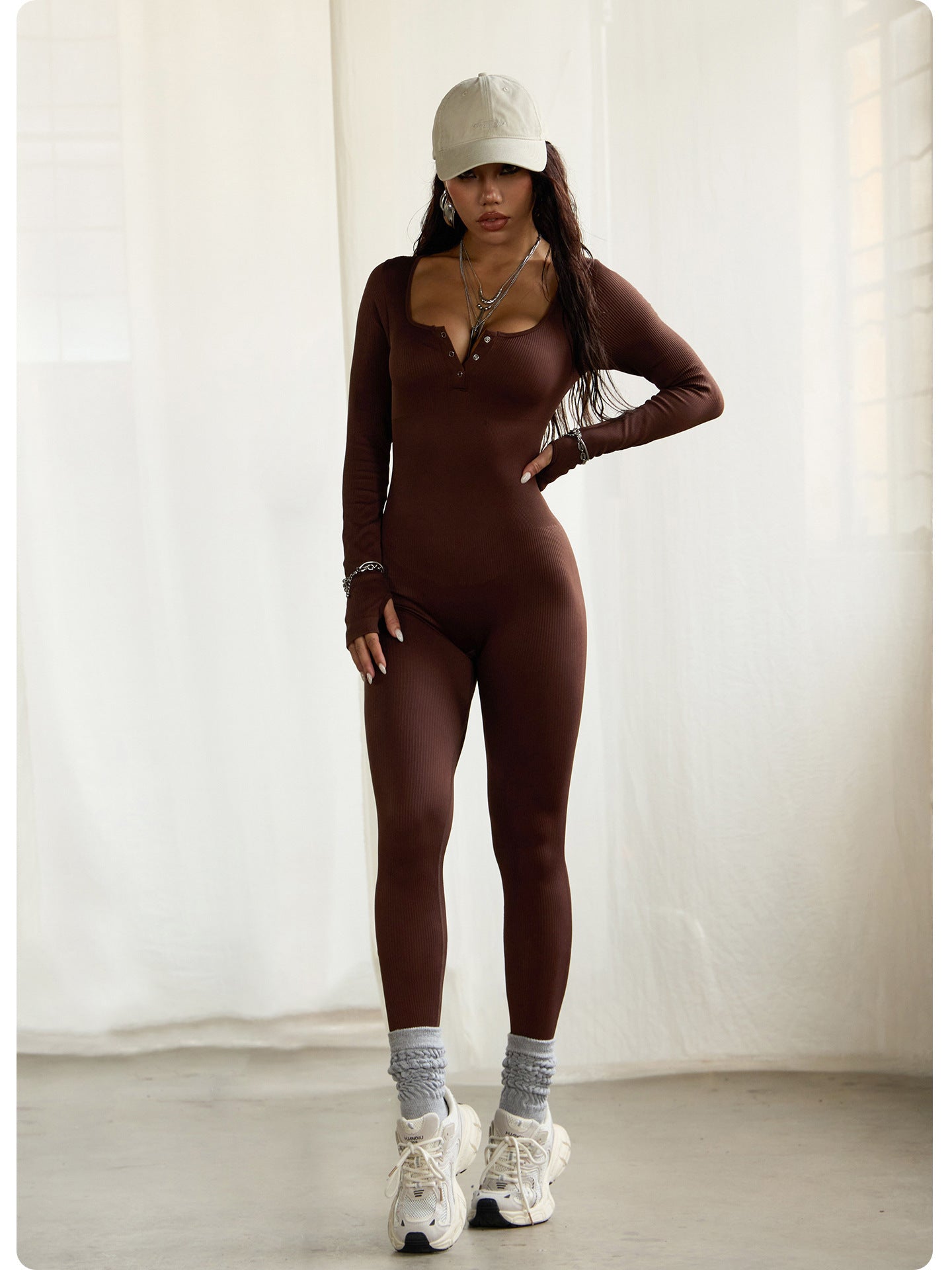 Women's Sports Fitness Square Collar Button Long Sleeve Yoga Jumpsuit