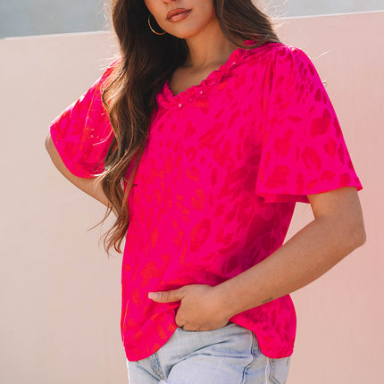 Rose Leopard Frilly V Neck Short Sleeve Blouse