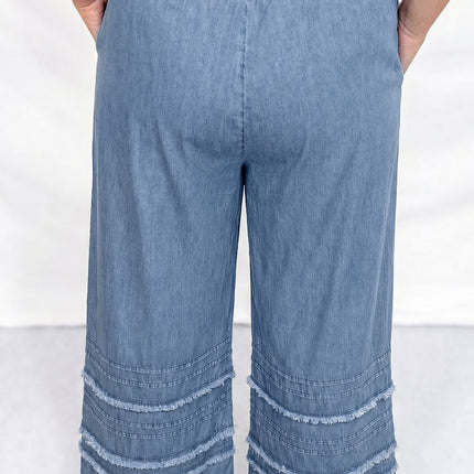 Dusk Blue Tiered Raw Edge Ruffled Plus Size Wide Leg Denim Pants