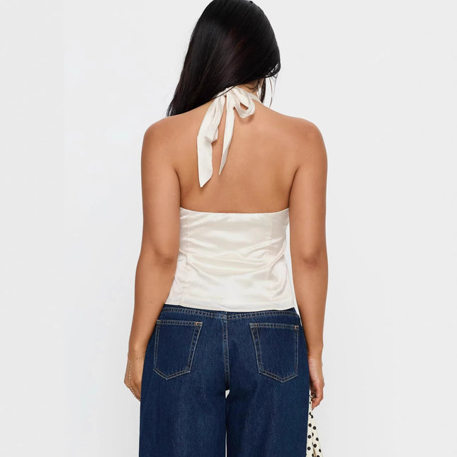 Solid-color Sexy Spaghetti-strap V-neck Halterneck Backless Cinched-waist Womens Outfit