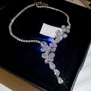 Silver Needle Zircon Butterfly Tassel Earrings And Necklace Set