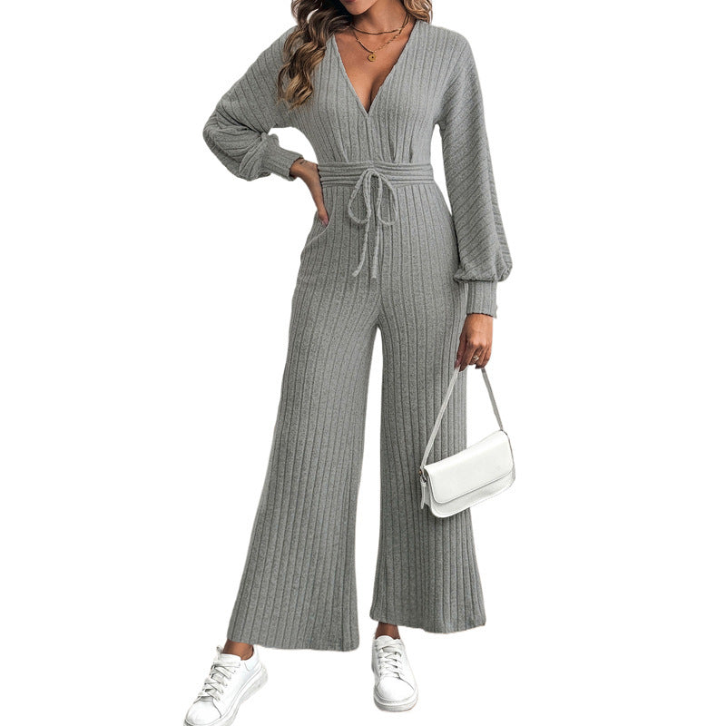 V-neck Lace-up Batwing Sleeve Solid Color Wide Leg Jumpsuit