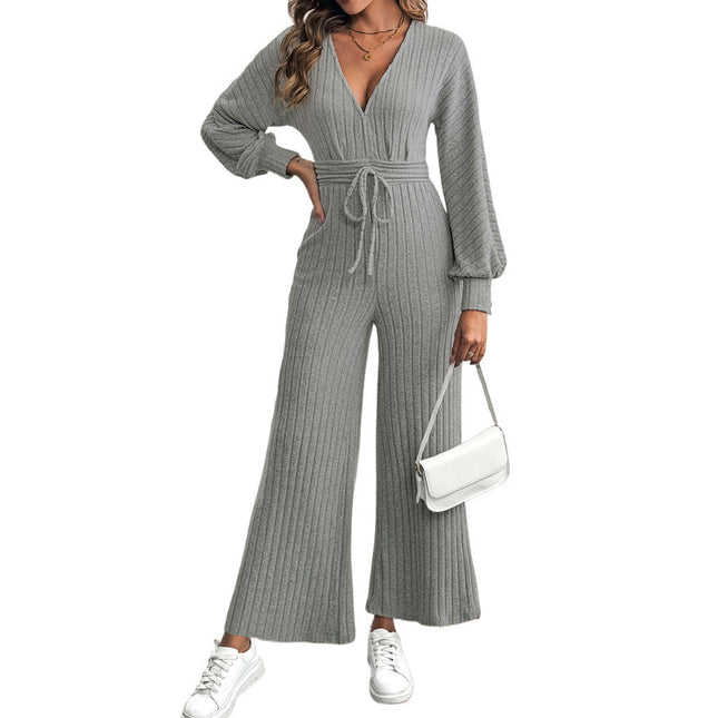 V-neck Lace-up Batwing Sleeve Solid Color Wide Leg Jumpsuit