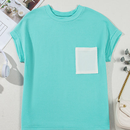 Light Blue Corded Knit Color Block Pocketed Crew Neck T Shirt