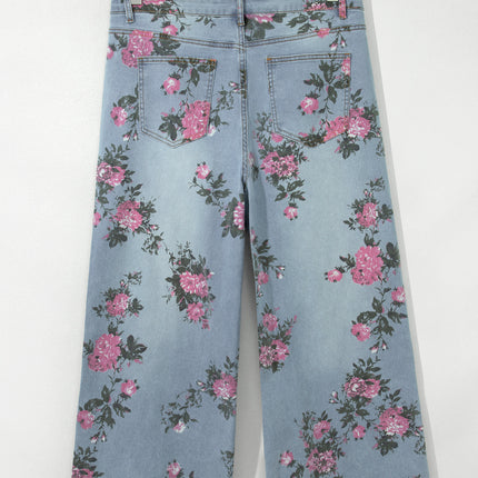 Sky Blue Plus Size Floral Print Ankle Length Loose Jeans