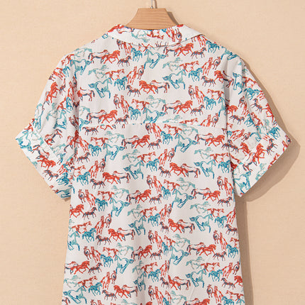 White Horse Galloping Allover Print Split Neck Plus Size Blouse