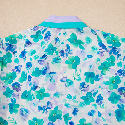 Green Floral Print Striped Trim Split V Neck Puff Short Sleeve Blouse