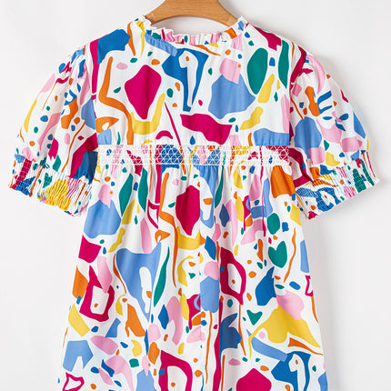 White Abstract Print Shirred Cuff Puff Sleeve Plus Size Blouse