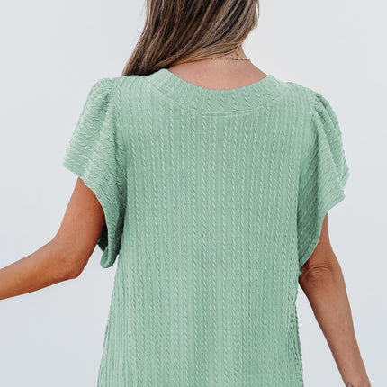 Moonlight Jade Solid Color Textured Flutter Sleeve Top