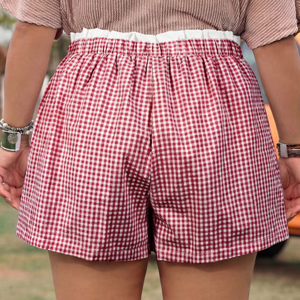 Pink Contrast Trim Plaid Print Plus Size Shorts