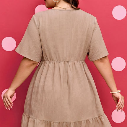 Dark Khaki Plus Size Textured Ruffled Short Sleeve Dress