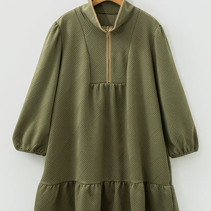 Jungle Green Plus Size Textured Contrast Trim Quarter Zip Bracelet Sleeve Mini Dress