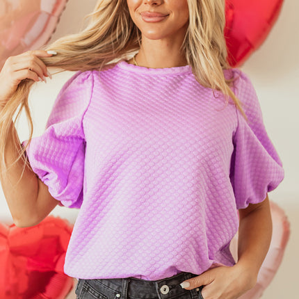 Phalaenopsis Solid Textured O Neck Puff Sleeve Blouse