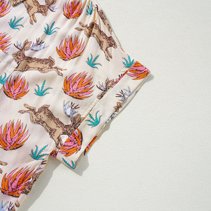 Khaki Plus Size Western Pattern Print Buttoned Short Sleeve Shirt