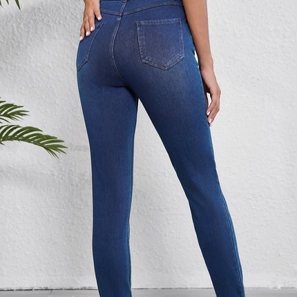 Ashleigh Blue Multiple Pockets Straight Leg Washed Stretchy Knit Casual Jeans