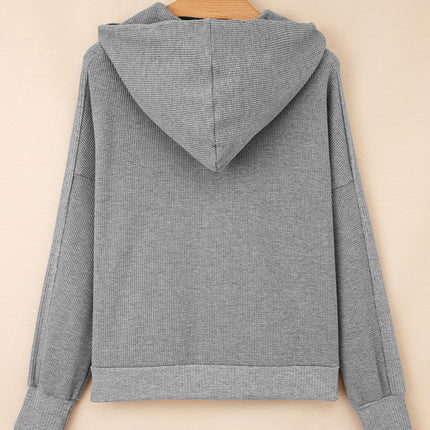 Gray Waffle Splicing Zip Up Front Button Hooded Jacket