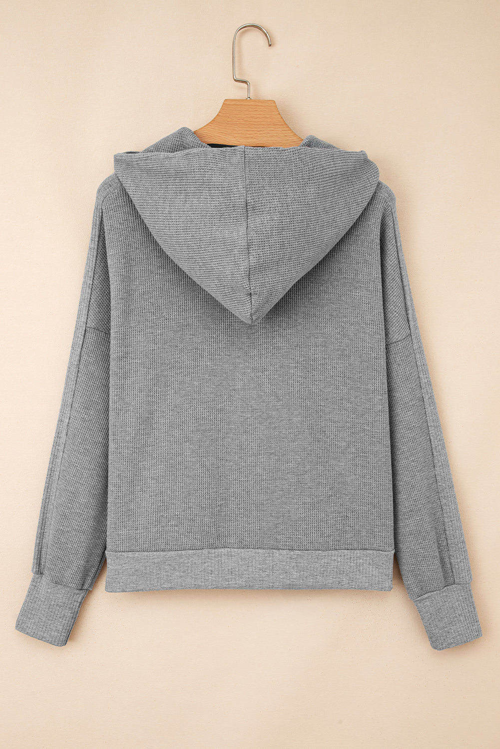 Gray Waffle Splicing Zip Up Front Button Hooded Jacket