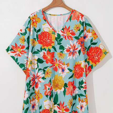 Sky Blue Plus Size Floral Print V Neck Batwing Sleeve Blouse