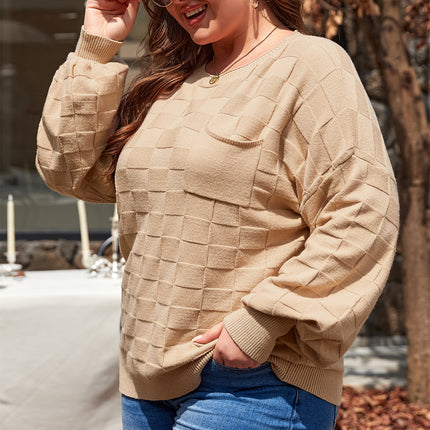 Light French Beige Solid Checkered Textured Knit Plus Size Sweater