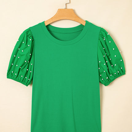 Bright Green Ribbed Pearl Beaded Puff Sleeve Top