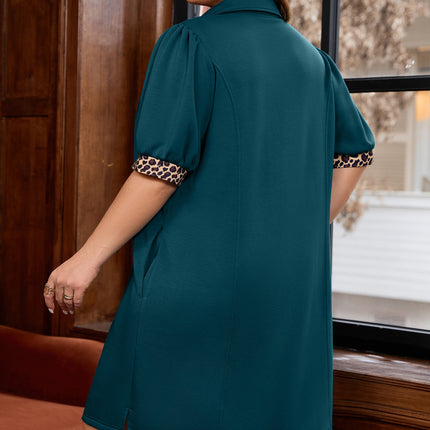 Sea Green Leopard Patchwork Detail Quarter Zip Collared Plus Size Mini Dress