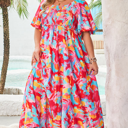 Rose Abstract Printed Puff Sleeve Square Neck Smocked Bust Tied Back Plus Size Dress