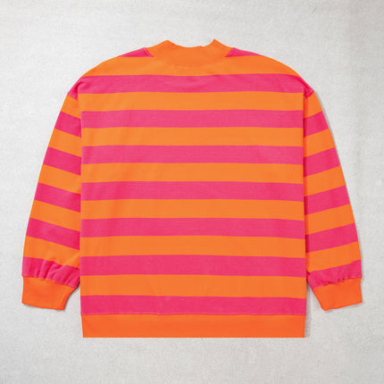 Blue Stripe Ribbed Trim Stand Neck Dropped Shoulder Plus Size Sweatshirt