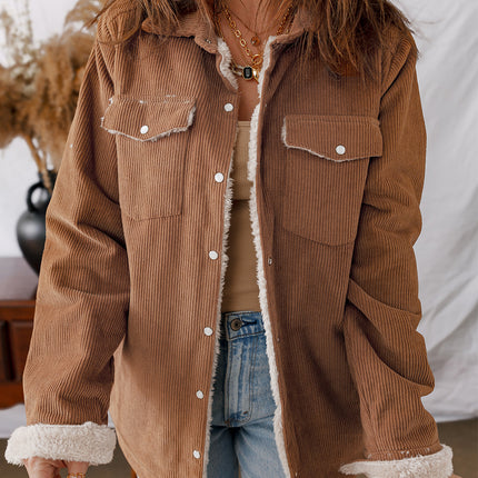 Cinnamon Fleece Lined Buttoned Flap Pockets Corduroy Jacket