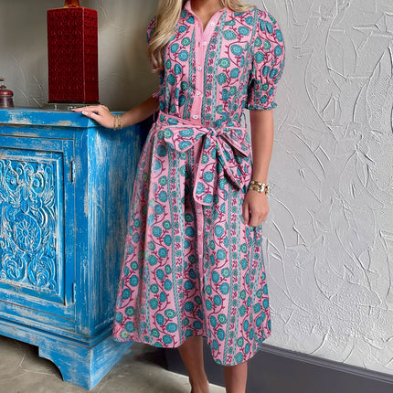 Pink Floral Shirred Puff Sleeve Buttoned Front Midi Dress with Sash