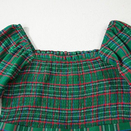 Green Tartan Plaid Square Neck Puff Sleeve Knot Waist Flared Midi Dress
