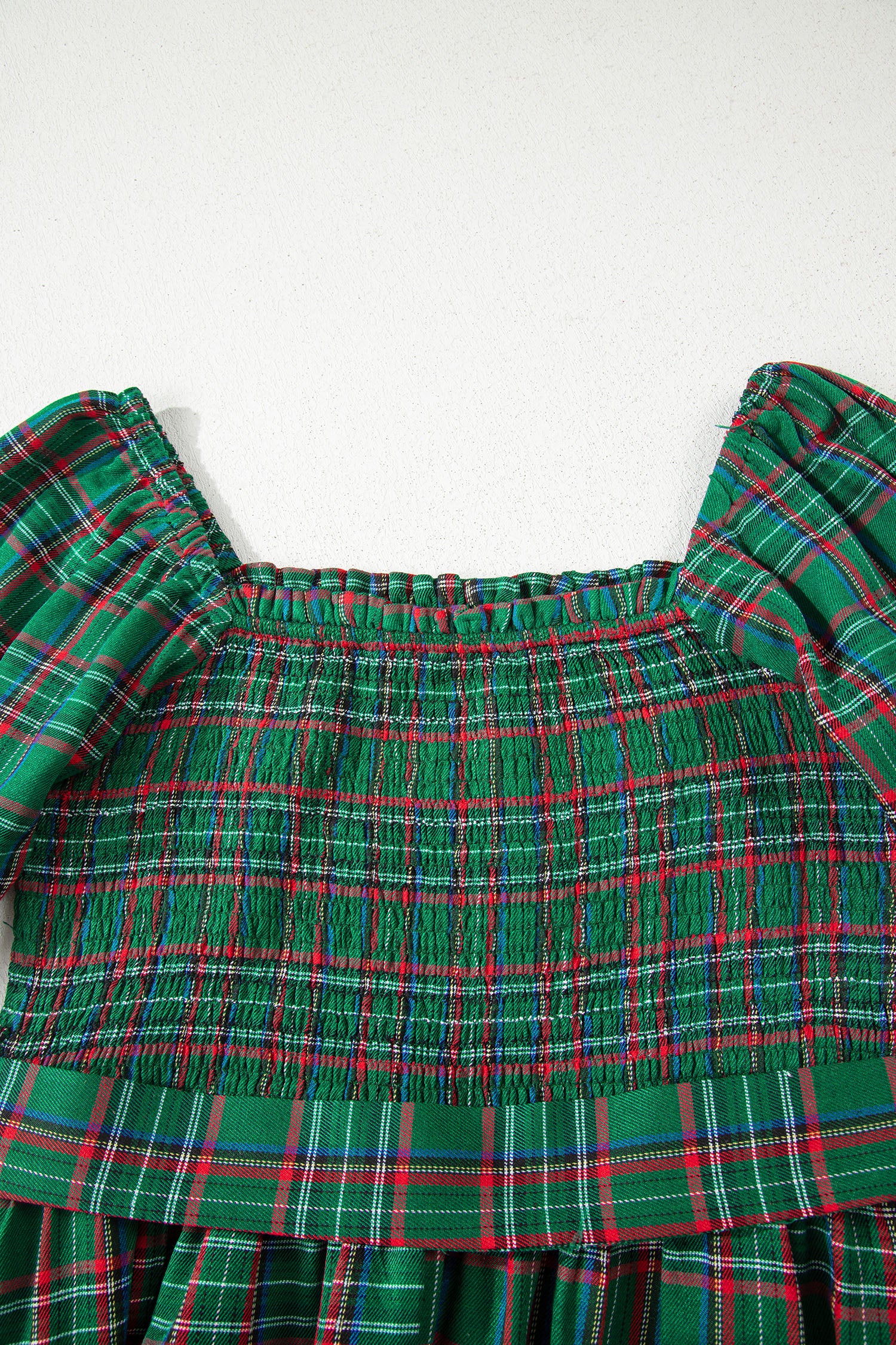 Green Tartan Plaid Square Neck Puff Sleeve Knot Waist Flared Midi Dress