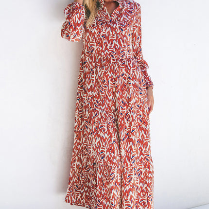 Orange Abstract Print V Neck Pleated High Waist Midi Dress