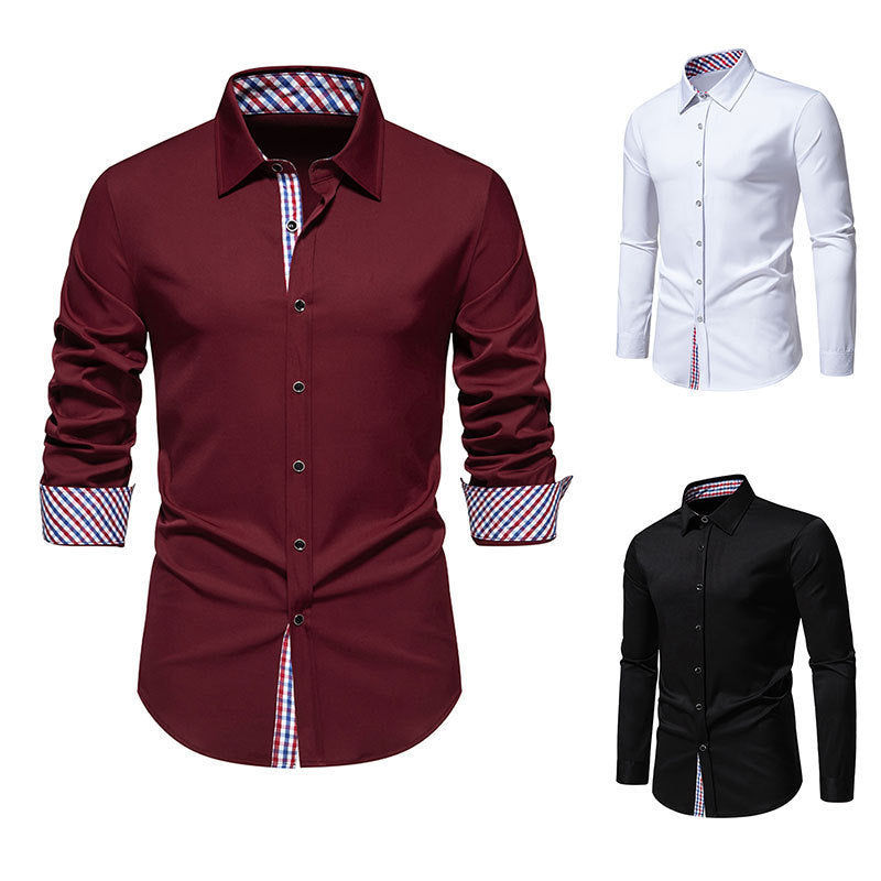 Men's Fashion Loose Plaid Stitching Casual Long-sleeved Shirt