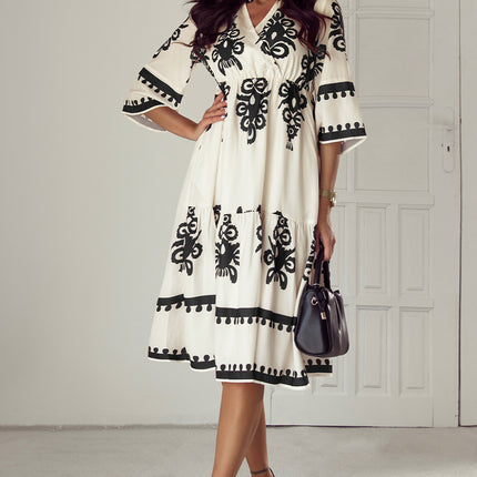 Beige Western Geometric Print 3/4 Sleeve Loose Midi Dress