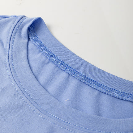 Sky Blue Flower Patched Exposed Stitching Trim Crew Neck Loose Tee