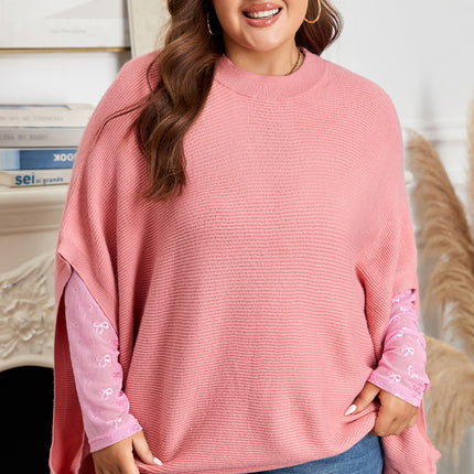 Light Pink Ribbed Knit Half Sleeve Plus Size Poncho Style Sweater
