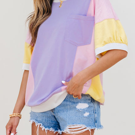 Purple Color Block Patchwork Half Sleeve Oversized T Shirt