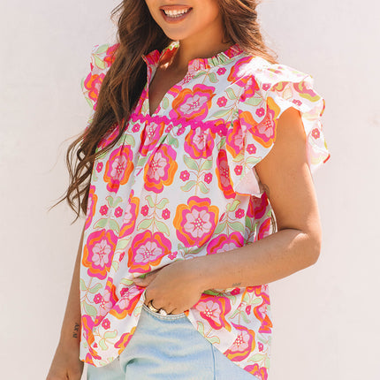 Rose Floral Ruffled Sleeve Ric-rac Trim Split Neck Loose Blouse