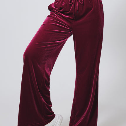 Burgundy Solid Drawstring Waist Wide Leg Pants