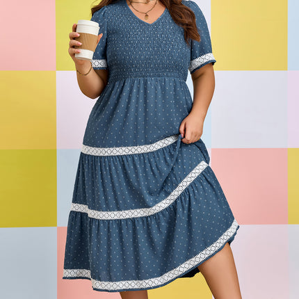 Dusk Blue Plus Size V Neck Swiss Dot Lace Patchwork Detail Flared Midi Dress