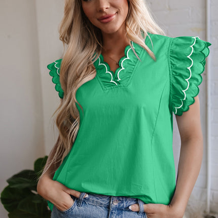 Bright Green Contrast Scallop Trim Layered Short Sleeve V Neck Blouse