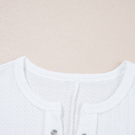 White Textured Hollow Grommet Placket Split Neck Short Sleeve Top