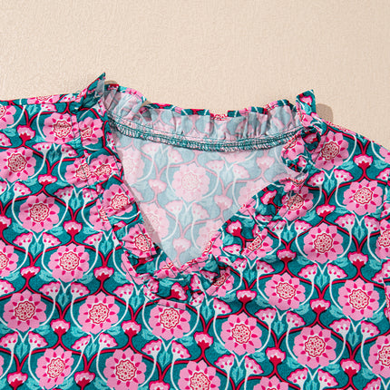 Sachet Pink V-Neck Ruffle Abstract Floral Print Puff Sleeve Top