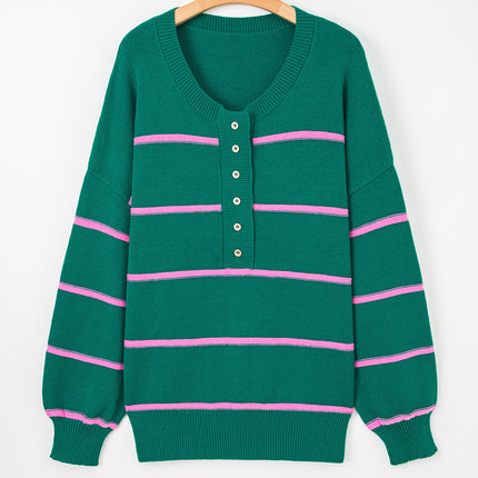 Green Stripe Half Buttons Drop Shoulder Plus Size Sweater